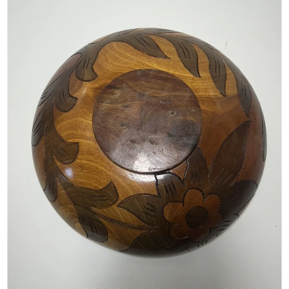 Vintage Hand-Carved Wooden Bowl Intricate Fish Motif Inlay Design